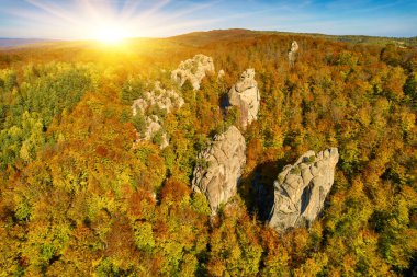 Aerial drone view over beautiful autumn beech forest and ancient rocks of Dovbush in Carpathians Ukraine, tourist famous place clipart