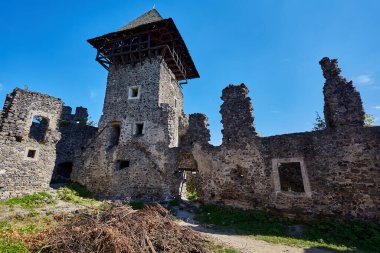Eski bir şatonun kalıntıları otla kaplıydı. Nevytskyi Kalesi Uzhhorod.