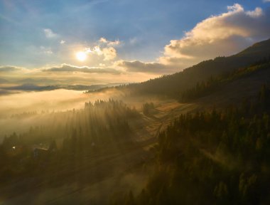 Yazın gün doğumunda bulutların içinde dağlar. Siste yeşil ağaçlar olan dağ zirvesinin havadan görünüşü. Yüksek kayalar, orman ve gökyüzü olan güzel bir manzara. Dağ vadisinin alçak bulutlu insansız hava aracı manzarası