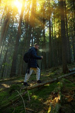 Sırt çantalı bir adam Carpathian dağlarında ormanda yürüyüp nehir manzarasının tadını çıkarıyor. Yazın Ukrayna 'da seyahat.