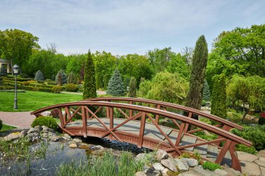 Parktaki ahşap köprü. Briçli bir yaz parkı. Yaz parkının manzarası