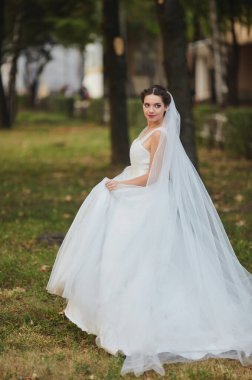 Şık gelinliğini, zarif duvağını ve kusursuz makyajını sergileyen göz kamaştırıcı yakın plan bir gelin. Yeşilliğin yumuşak arkaplanı huzurlu ve romantik bir ortam yaratır..