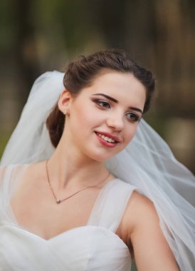 Şık gelinliğini, zarif duvağını ve kusursuz makyajını sergileyen göz kamaştırıcı yakın plan bir gelin. Yeşilliğin yumuşak arkaplanı huzurlu ve romantik bir ortam yaratır..