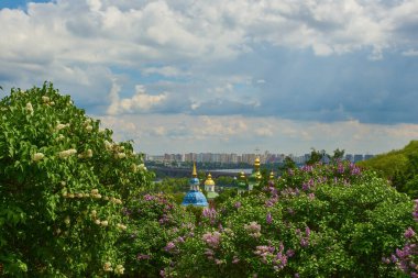 Gryshko Botanik Bahçesi 'nden Kyiv' in manzarası. Çiçek açan leylaklar ve uzaktaki Vydubychi Manastırı..