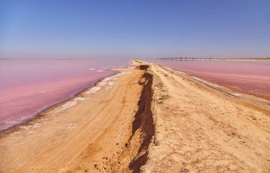 Uçsuz bucaksız, pembe tuzlu göl mavi gökyüzünün altında ince bulutlu.