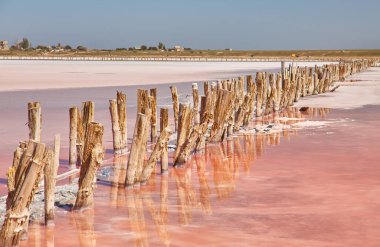 Pembe tuz gölü (muhtemelen Lemuria Gölü, Syvash ya da Sasyk-Syvash) suya uzanan ahşap direkler ile birlikte..