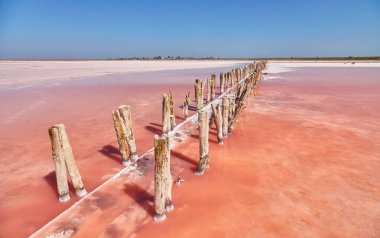 Pembe tuz gölü (muhtemelen Lemuria Gölü, Syvash ya da Sasyk-Syvash) suya uzanan ahşap direkler ile birlikte..