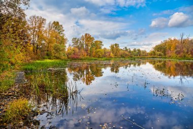 Sonbaharda sakin bir nehir ya da göl kıyılarındaki ağaçların rengarenk yapraklarını ve bulutlu mavi gökyüzünü kusursuz bir şekilde yansıtır. Kyiv 'de güzel, sakin bir manzara..