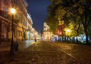 Doğal gece Lviv cityscape mimarisi üzerinde uzun pozlama
