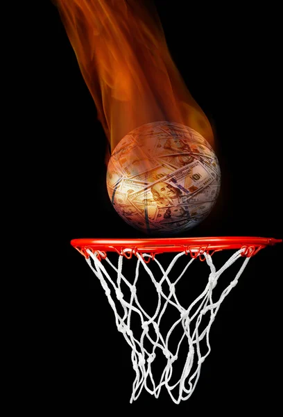 Money Ball on fire going into the basketball hoop.