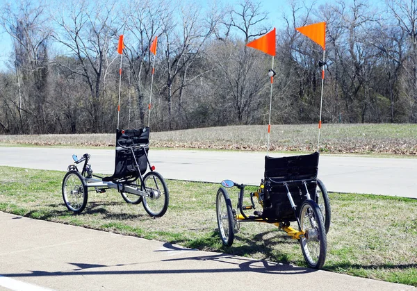 在公园小径上有一对三轮弯腰自行车 — 图库照片