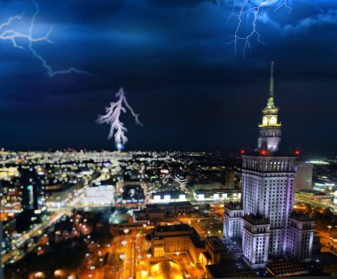 blur of the storm in the city and the view of the Palace of Culture and Science in Warsaw, Poland
