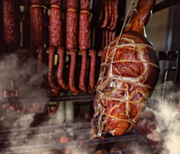 delicious smoked ham in a butcher\'s shop