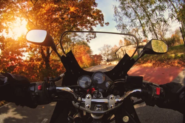 Motorcyclist Rides Street Sunny Autumn Day 스톡 사진