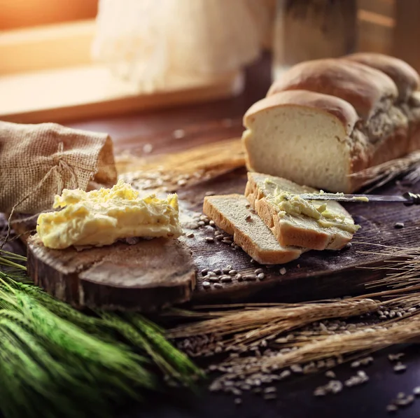 Delicious Breakfast Homemade Bread Sunny Morning 스톡 사진