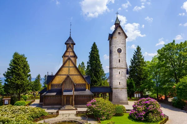 Kuil Dan Belfry Norwegia Kuno Dipindahkan Karpacz Pegunungan Polish — Stok Foto