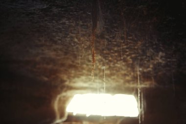 Eski odada çamur ve örümcek ağı. Yakın plan fotoğraf.