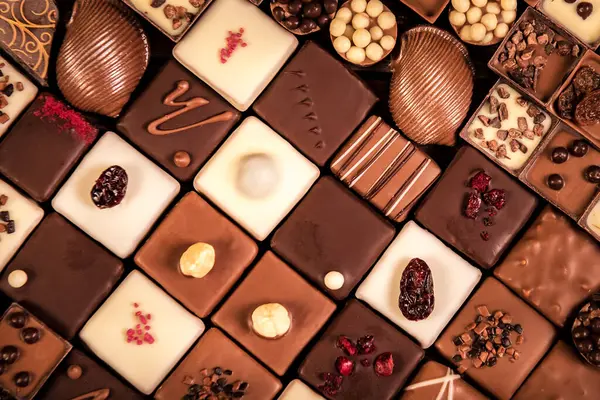 Sortiment Feiner Schokoladenbonbons Weißer Dunkler Und Vollmilchschokolade Stockbild