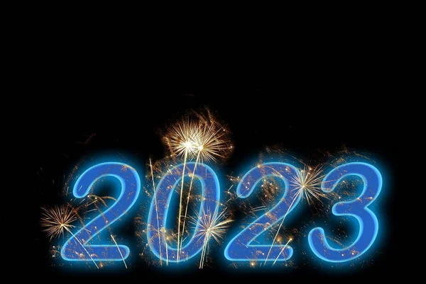 Nieuw 2023 Jaar Blauw Vuurwerk Viering Zwarte Lucht Achtergrond Nieuwjaarsvakantie — Stockfoto