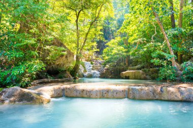 Waterfall in tropical landscape, green trees in wild jungle forest