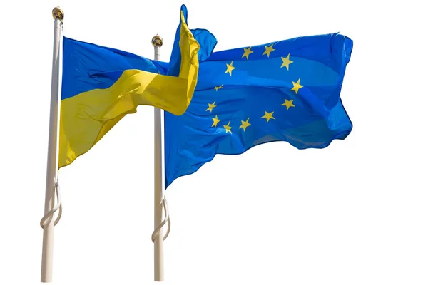 Флагштоки Прапорами Європейського Союзу України Ізольовані Білому Тлі — стокове фото