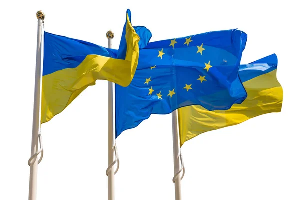 Флагштоки Флагами Европейского Союза Украины Изолированы Белом Фоне — стоковое фото