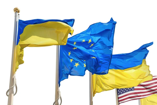 Ukrayna Bayrağı Abd Bayrakları Beyaz Arka Planda Izole Edilmiş Kutuplarda — Stok fotoğraf