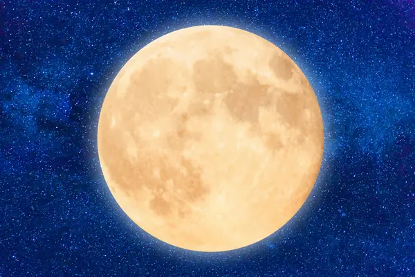 Vollorangefarbener Mond Dunkelblauen Nachthimmel Mit Vielen Sternen Mondprogramm Konzept Stockbild