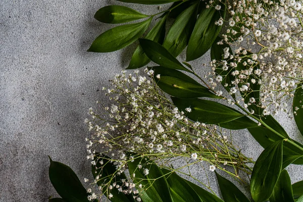 Spring Nature Flat Lay White Gypsophila Flowers Green Leaves Ruscus Royalty Free Stock Images