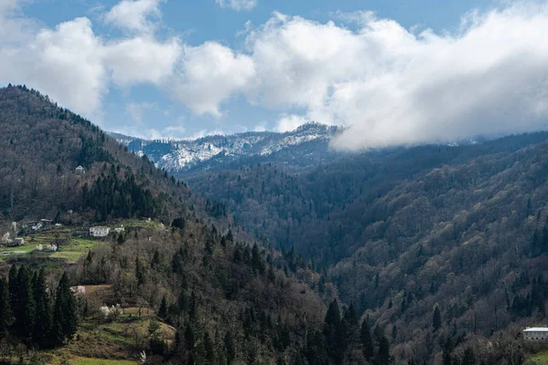 stock image Little village in the Adjarian mountain region of Georgia in misty day