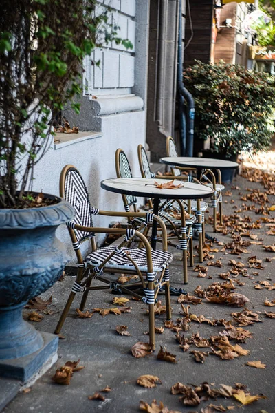 Street cafe tables covered with fallen leaves of maple trees in sunny day