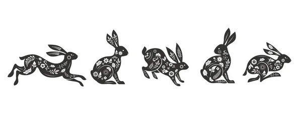 Samling Kaniner Kaniner Illustrationer Kinesiska Nyår 2023 Kanin Uppsättning Traditionella — Stock vektor