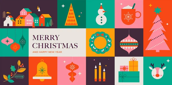 Joyeux Noël Design Moderne Cadeaux Vacances Éléments Hiver Bougies Arbre — Image vectorielle