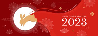 2023 yılındaki Çin yeni yılı tavşanları, tavşanları ve tavşanları olan geleneksel Çin tasarımları. Ay yeni yılı konsepti, modern vektör tasarımı. Çeviri: 