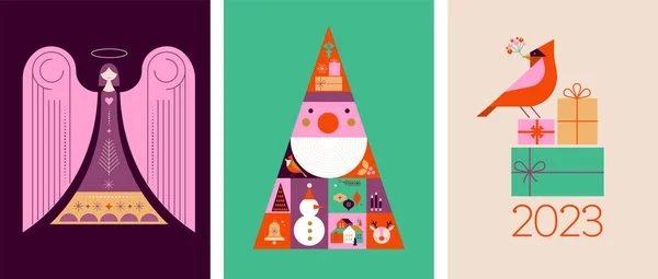 采购产品圣诞快乐的现代设计 节日礼物 冬季元素 圣诞树 村庄和圣诞装饰 平面几何漫画风格的彩色矢量插图 最低限度设计 — 图库矢量图片