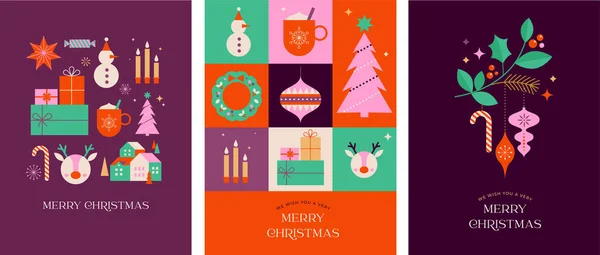 采购产品圣诞快乐的现代设计 节日礼物 冬季元素 圣诞树 村庄和圣诞装饰 平面几何漫画风格的彩色矢量插图 最低限度设计 — 图库矢量图片