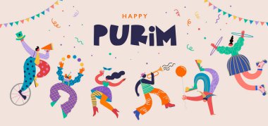 Purim bayramın kutlu olsun, Yahudi bayramı, karnaval. Soyut insanlar, palyaçolar, müzisyenler, dansçılar ile renkli geometrik arka plan. Vektör tasarımı