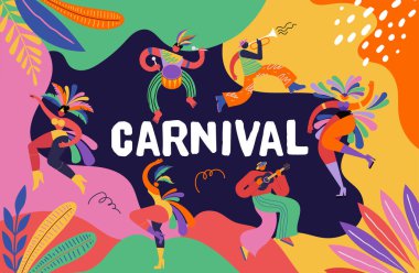 Mutlu Karnaval, Brezilya, Güney Amerika Karnavalı samba dansçıları ve müzisyenlerle. Festival ve Sirk tasarımı. Kemiksiz sanatçılar, dansçılar, müzisyenler ve palyaçolar. Renkli vektör arkaplanı