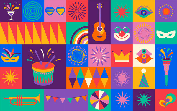 Бесшовный узор, уличное искусство, концепция карнавала. Красочный геометрический фон с брызгами, речевыми пузырями, масками и конфетти. Векторный дизайн