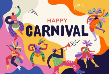 Mutlu Karnaval, Brezilya, Güney Amerika Karnavalı samba dansçıları ve müzisyenlerle. Festival ve Sirk tasarımı. Komik sanatçılar, dansçılar, müzisyenler ve palyaçolar. Renkli vektör arkaplanı 