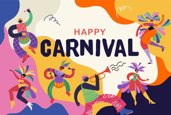 Happy Carnival, Brazil, South America Carnival с танцорами самбы и Мбаппе. Дизайн фестивальных и цирковых мероприятий с участием веселых артистов, танцоров, музыкантов и клоунов. Цветной векторный фон 