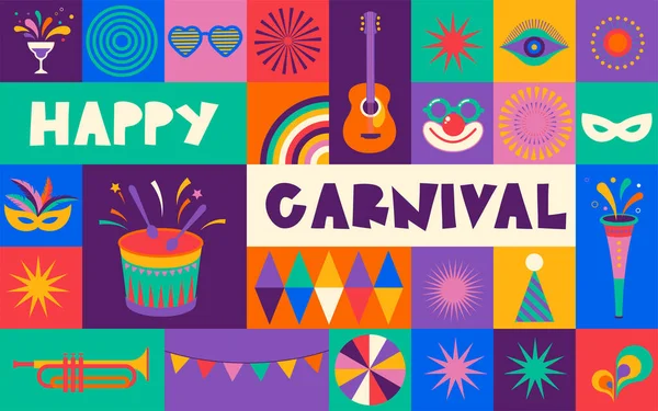 Fröhlicher Karneval Farbenfroher Geometrischer Hintergrund Mit Spritzern Sprechblasen Masken Und — Stockvektor