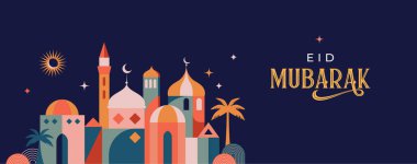 Geometric style colorful Islamic Ramadan Kareem banner, poster design. Mosque, moon, dome and lanterns. Minimalistic vector illustrations