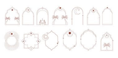 Collection of minimal linear style Islamic windows and arches with modern boho design, moon, mosque dome and lanterns. Minimalistic vector illustrations clipart