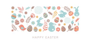 Happy Easter. Bunnies, eggs and flowers. Modern style design, pastel colors. Vector illustration