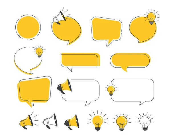 Collection Yellow Black Speech Bubbles Megaphones Light Bulbs Fun Facts — Stock Vector