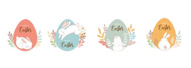 Happy Easter. Bunnies, eggs and flowers. Modern style design, pastel colors. Vector illustration