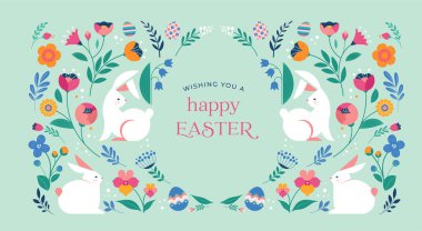 Happy Easter, decorated geometric style Easter card, banner. Bunnies, Easter eggs, flowers and basket. Modern minimalist vector design