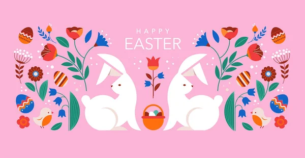 Glad Påsk Dekorerad Geometrisk Stil Påskkort Banner Kaniner Påskägg Blommor — Stock vektor