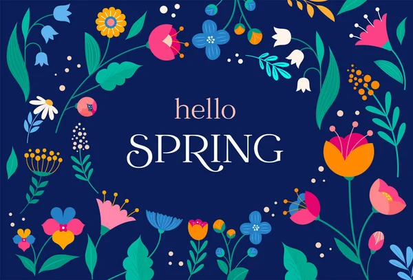 你好春天 复活节快乐 装饰现代风格的卡片 花和篮子 色彩艳丽的最小矢量设计 — 图库矢量图片